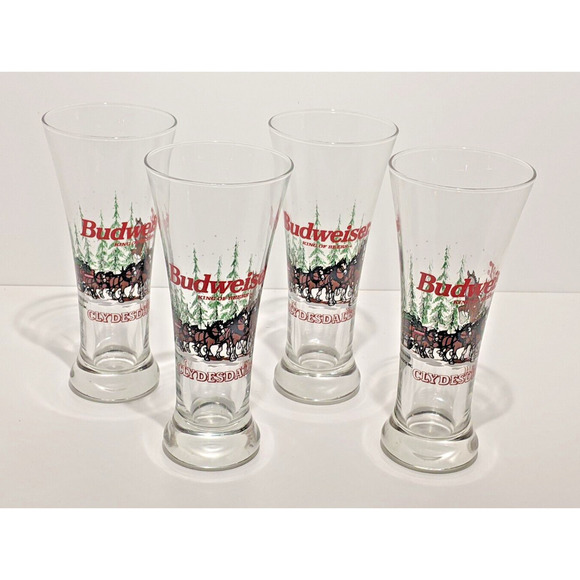 Budweiser Clydesdale Pilsner Glasses 1989 12 oz 7.25"H Beer Drink Decor Set 4 - Picture 1 of 6